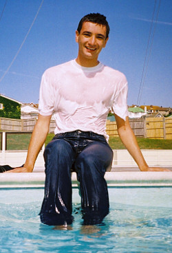 t-shirt and jeans in swimming pool