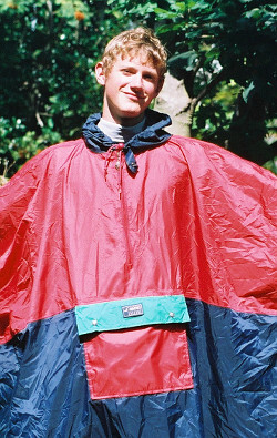 poncho blue red garden hose pipe